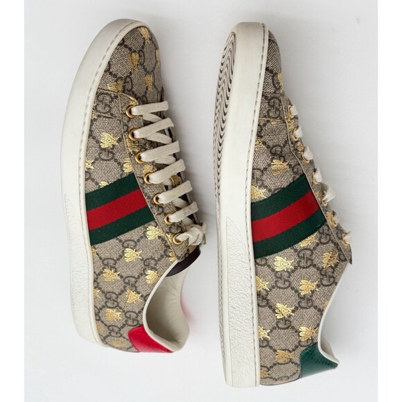 Gucci Ace Beige GG Monogram Bee Canvas Lace Up Low Top Sneaker EU 39 US 9 - Picture 6 of 12
